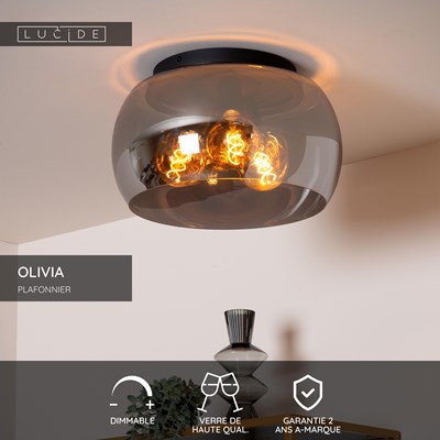 Lucide OLIVIA - Plafonnier - Ø 40 cm - 3xE27 - Fumé